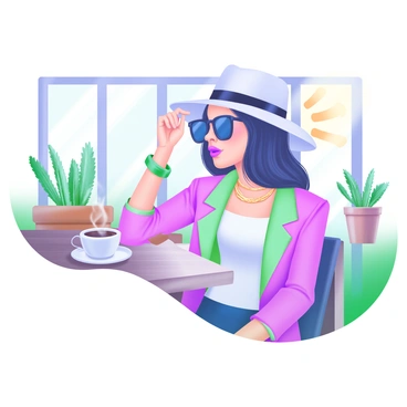 A modern fashionista sitting at a café, wearing a chic fedora decorated with a black ribbon. She is dressed in a trendy outfit that includes a fitted, pastel-colored blazer over a stylish blouse. Her accessories include oversized sunglasses resting on her head and a statement necklace. The café features a rustic wooden table and a backdrop of potted plants, with a steaming coffee cup placed in front of her. A soft sunlight filters through the window, illuminating her fashionable look.