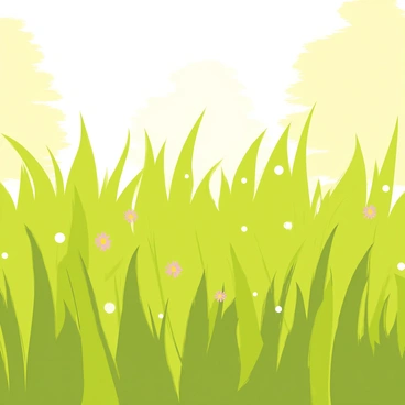 Dew-covered grass illuminated by soft morning light. Each blade of grass glistens with tiny droplets, reflecting the sunlight. The scene showcases a lush green carpet of grass, with a few delicate flowers peeking through. The background features hints of gentle tree silhouettes, adding depth to the early morning ambiance.