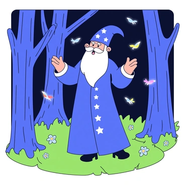 A wise wizard casting a spell in a mystical forest filled with ancient trees and glowing creatures.