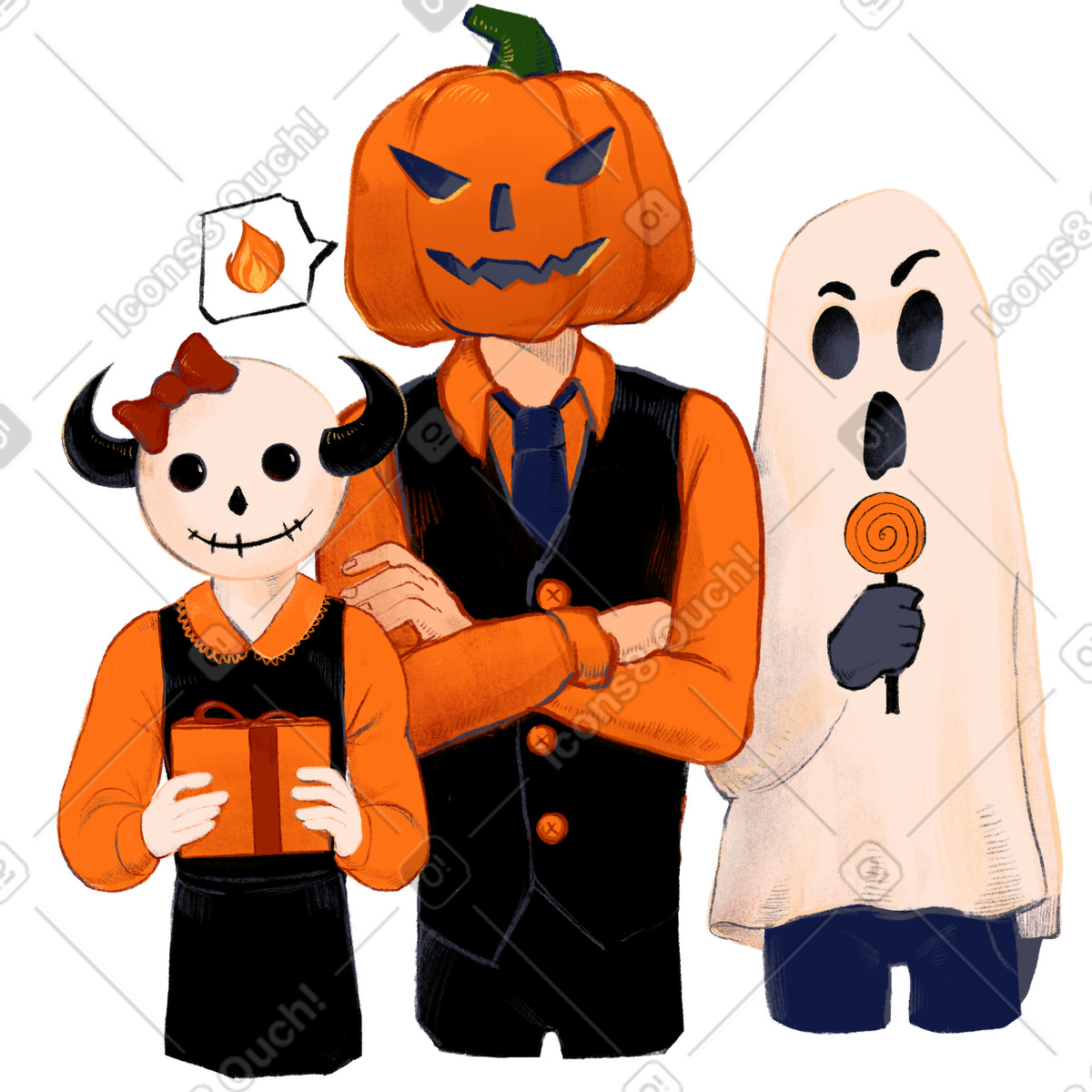 Girl with horns, man pumpkin head and ghost lollipop illustration in Experimental style download in PNG, SVG