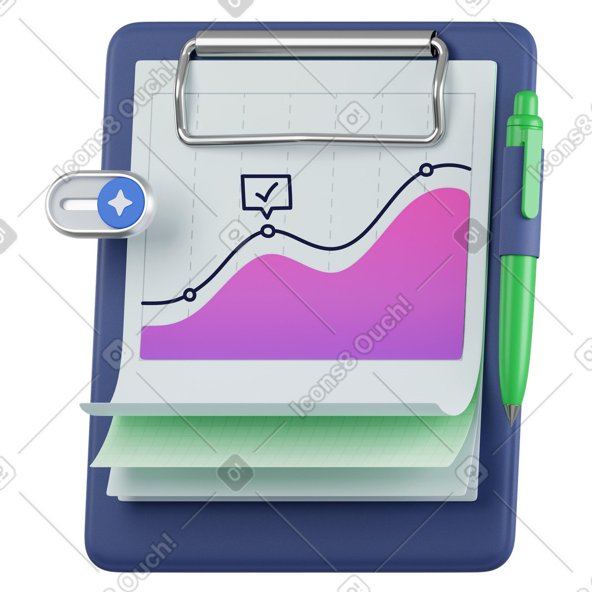 Clipboard with growth chart and pen, Business performance analysis illustrazione animata in stile 3D Surfaced scaricabile in GIF, Lottie (JSON), AE