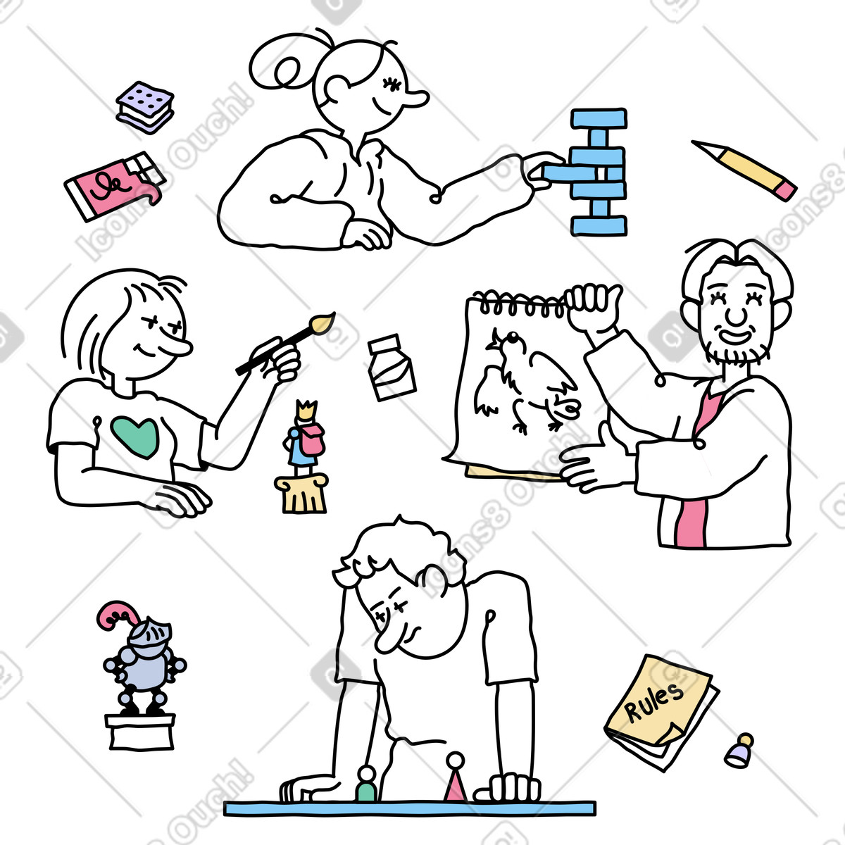 Menschen verbringen ihre freizeit mit hobbys und spielen-Illustration im Notes-Stil als Download in PNG, SVG