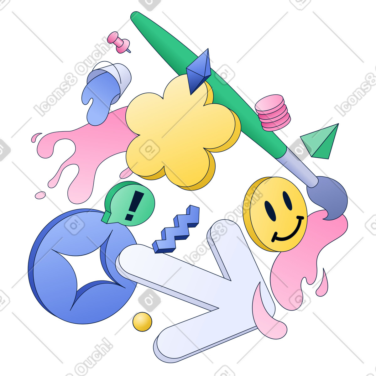 Paintbrush with colorful splashes and geometric shapes, creative process and inspiration illustration in PNG, SVG
