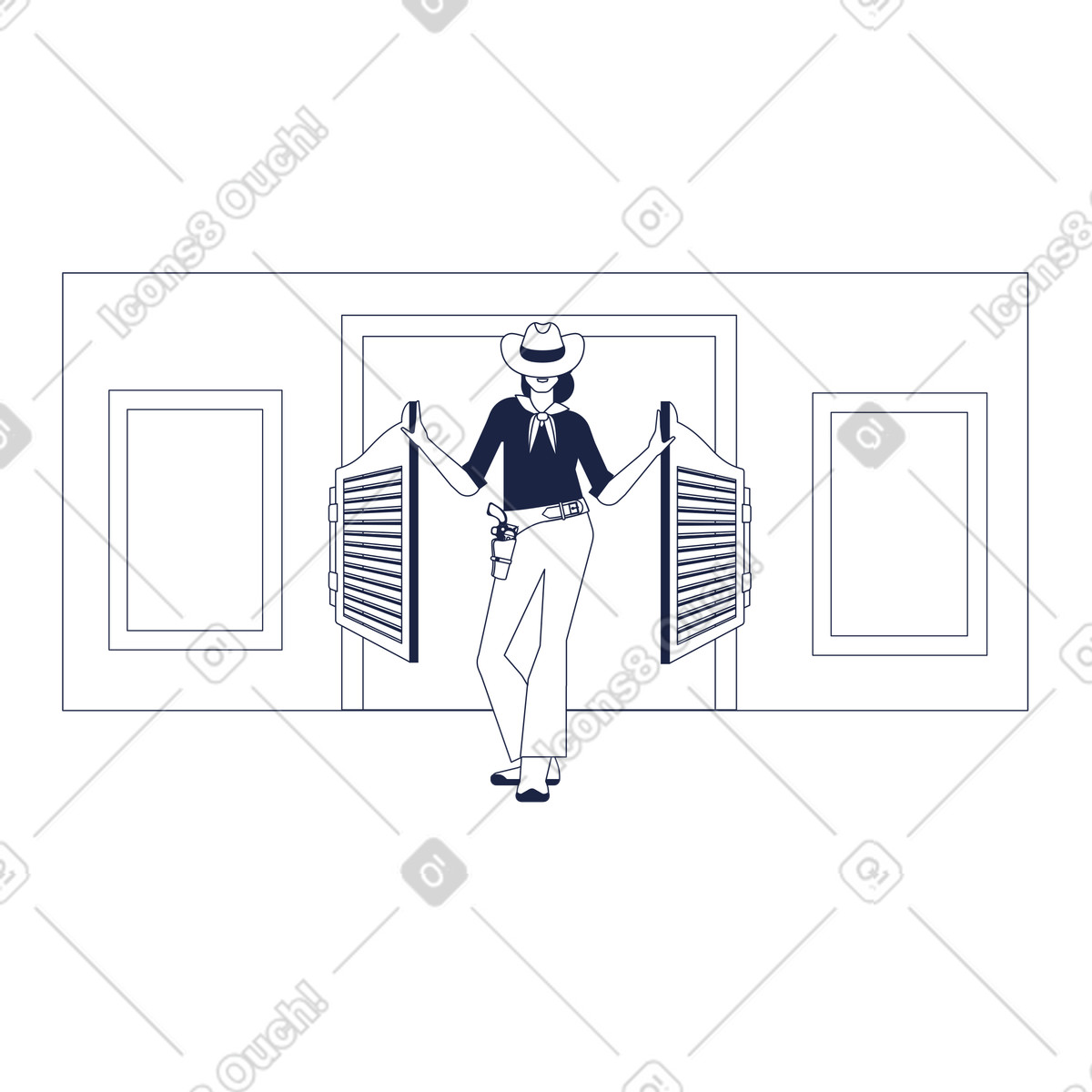 Illustration Cowgirl avec un chapeau entrant dans le saloon style Urban Line à télécharger aux formats PNG, SVG