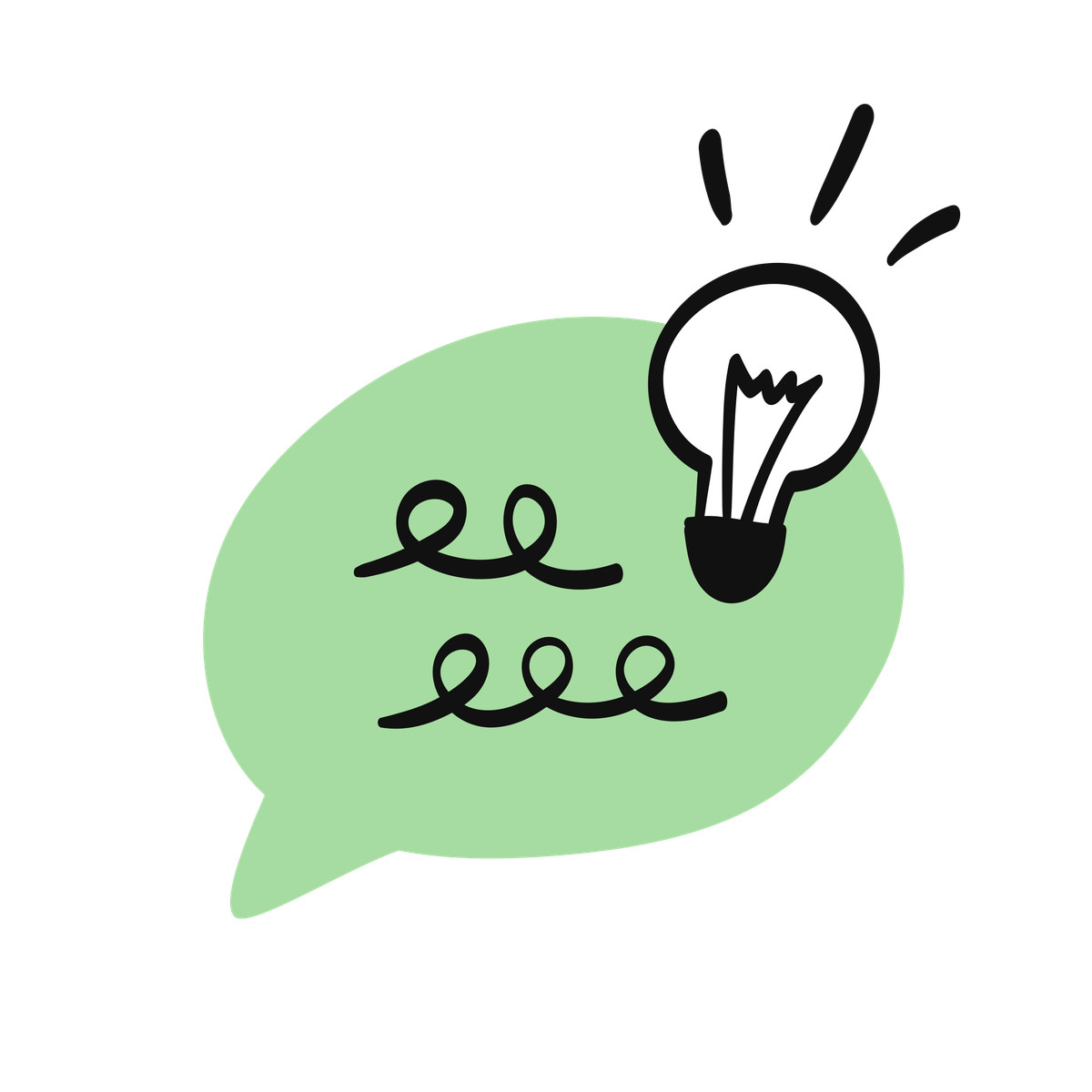 Ilustración Idea lightbulb inside green speech bubble symbolizing creative conversation en estilo Organic a descargar en PNG y SVG