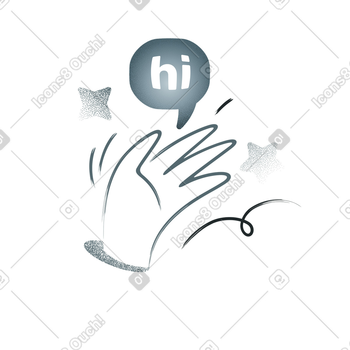 Friendly greeting and welcome, Waving hand with hi speech bubble illustration in Grain style download in PNG, SVG