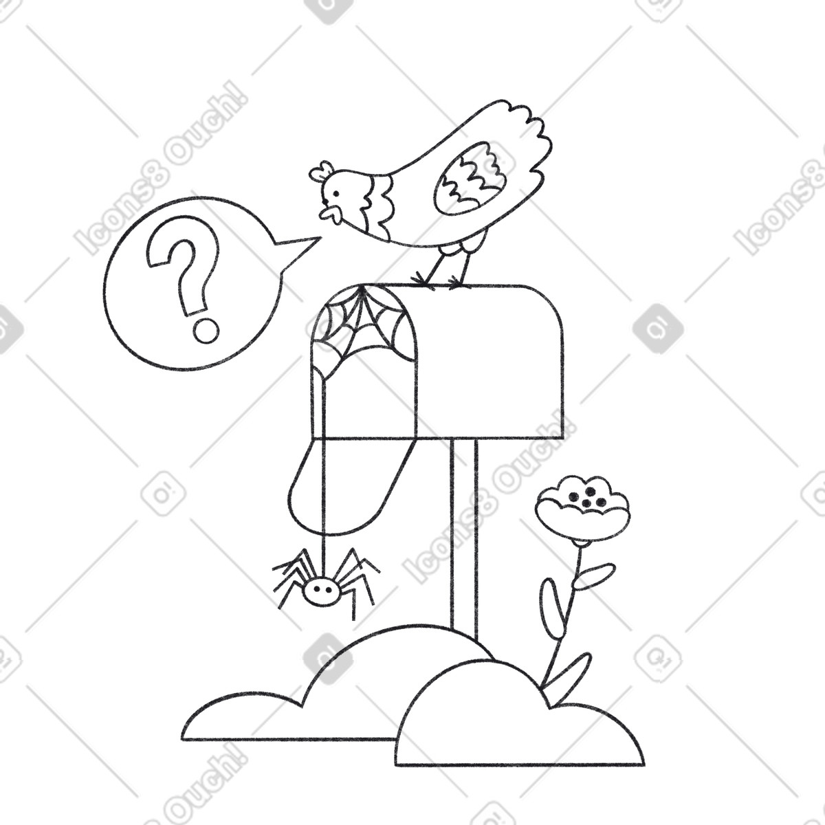 Huhn schaut in einen leeren briefkasten voller spinnweben und spinnen-Illustration im Bonbon Line-Stil als Download PNG, SVG