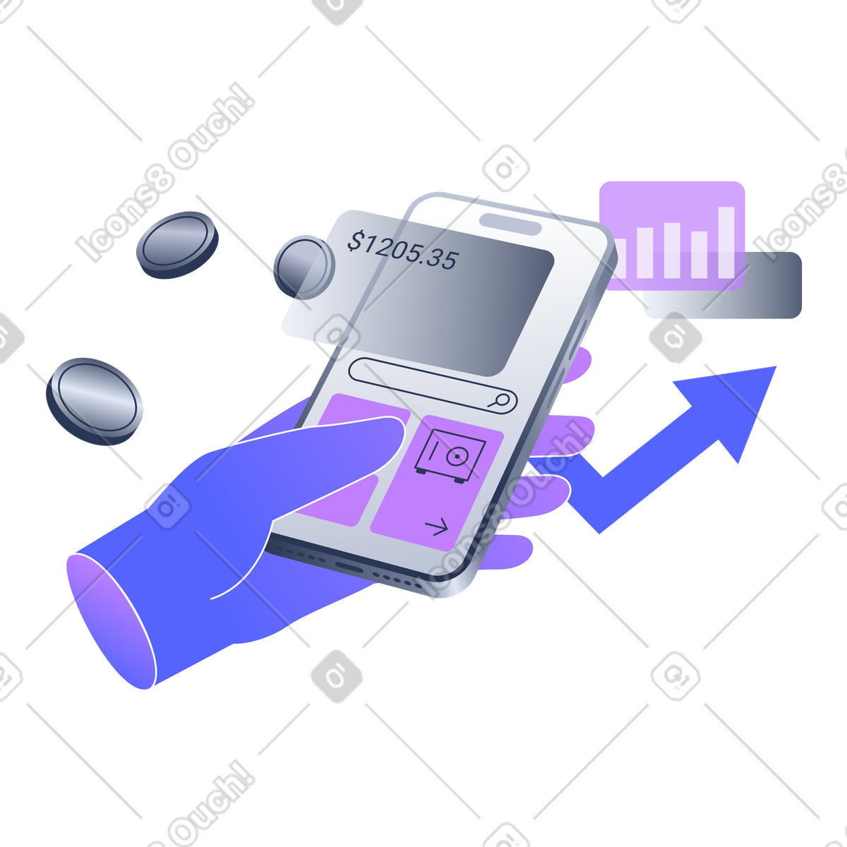 Illustration Application de portefeuille numérique et graphiques croissants dans le style Lucent à télécharger aux formats PNG, SVG