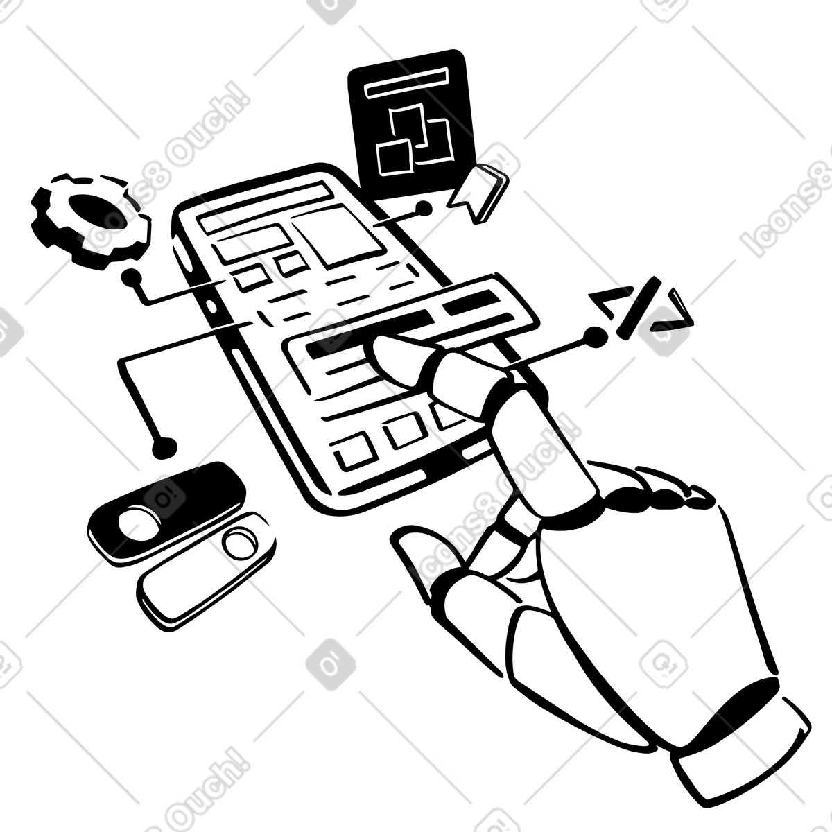 Robotic automation in mobile app and web development illustration Line style download PNG, SVG