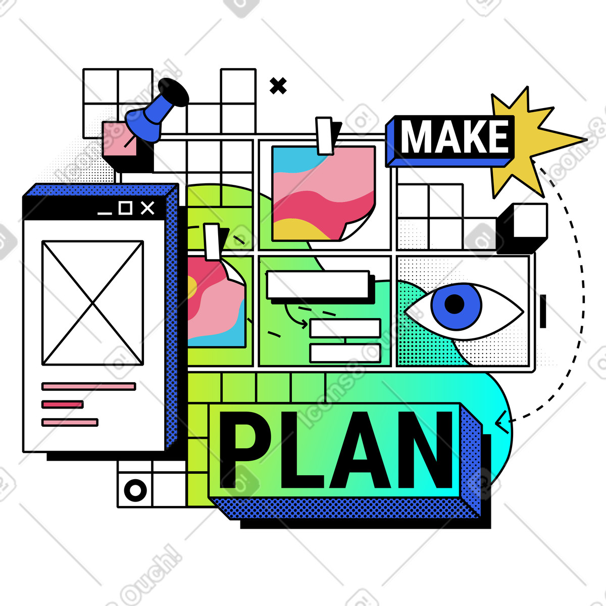 Making plan of web page illustration in Memphis style download in PNG, SVG