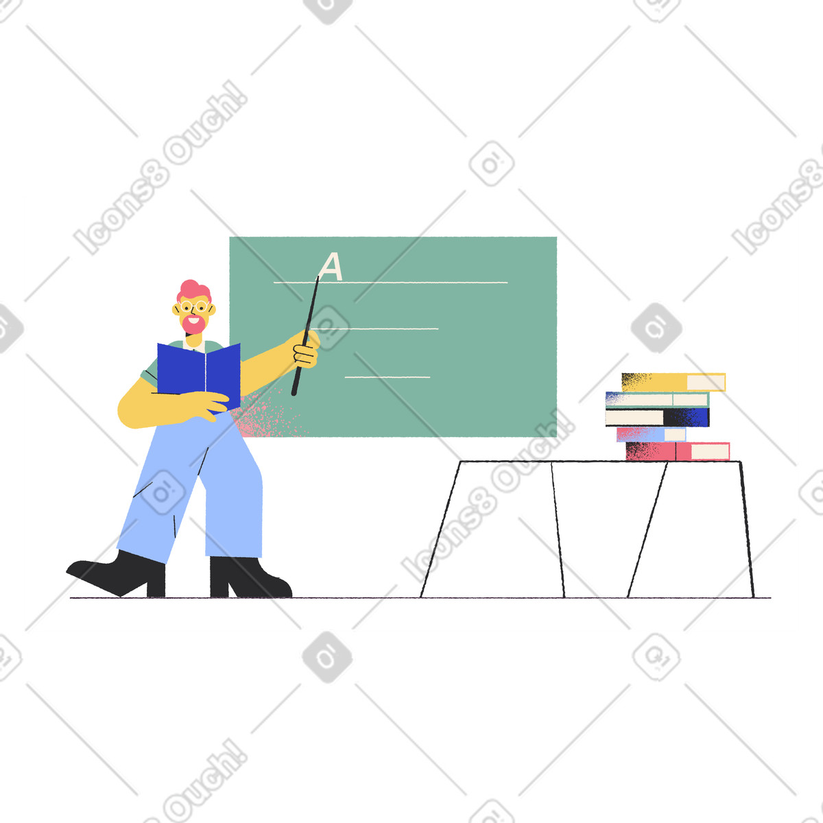 Man with textbook teaching a lesson in classroom illustration in Pablo style download in PNG, SVG