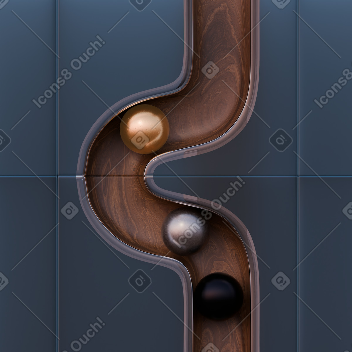 Metallic balls on curved wood track, Physics flow and dynamics, Workflow, process and progress animated illustration in GIF, Lottie (JSON), AE