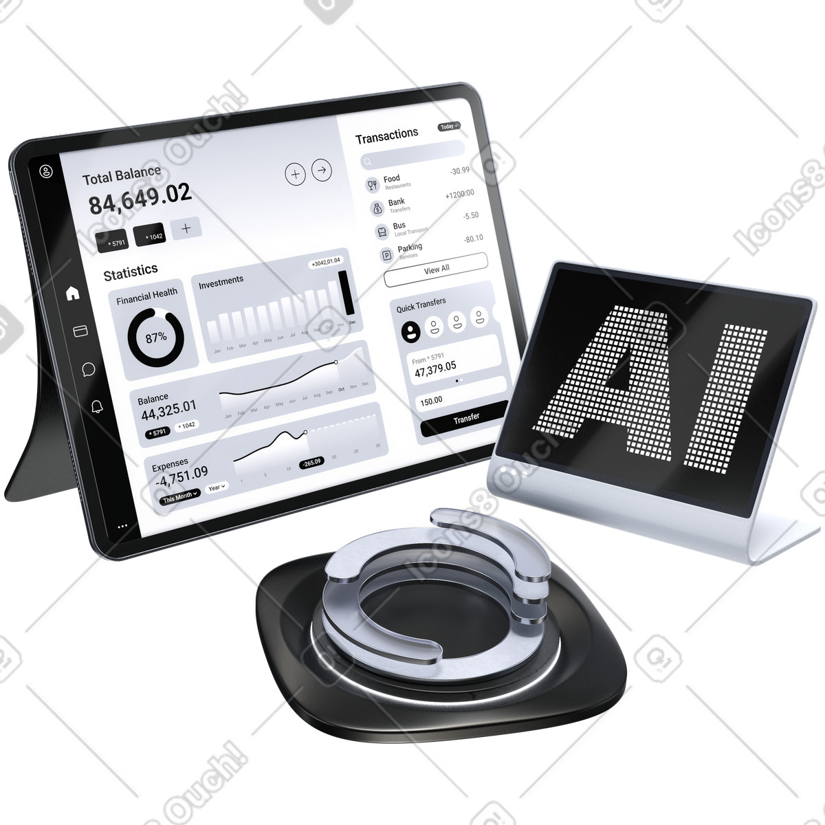 AI analytics, Financial dashboard, Automated insights illustration in PNG, SVG