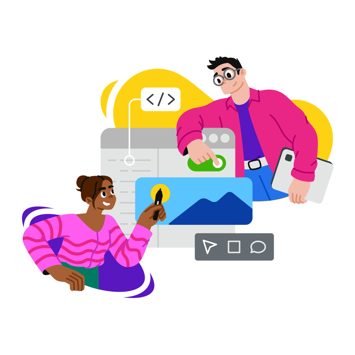 Ilustração de Homem e mulher colaborando no design do site em PNG e SVG
