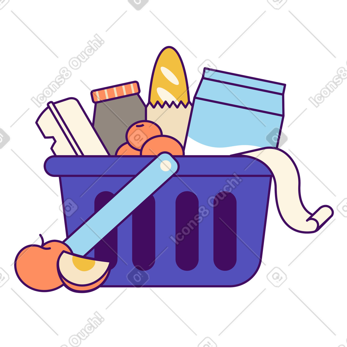Assorted groceries in shopping basket, Supermarket or grocery delivery illustration Simplistic style download PNG, SVG