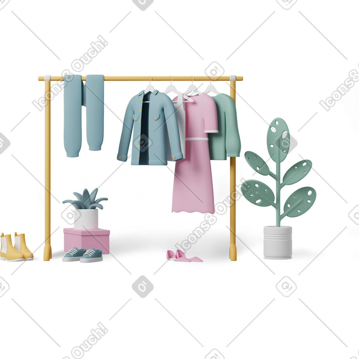 下载 3D Casual life 风格的 Hanger with clothes surrounded by plants and shoes 插画，支持 PNG、SVG 格式