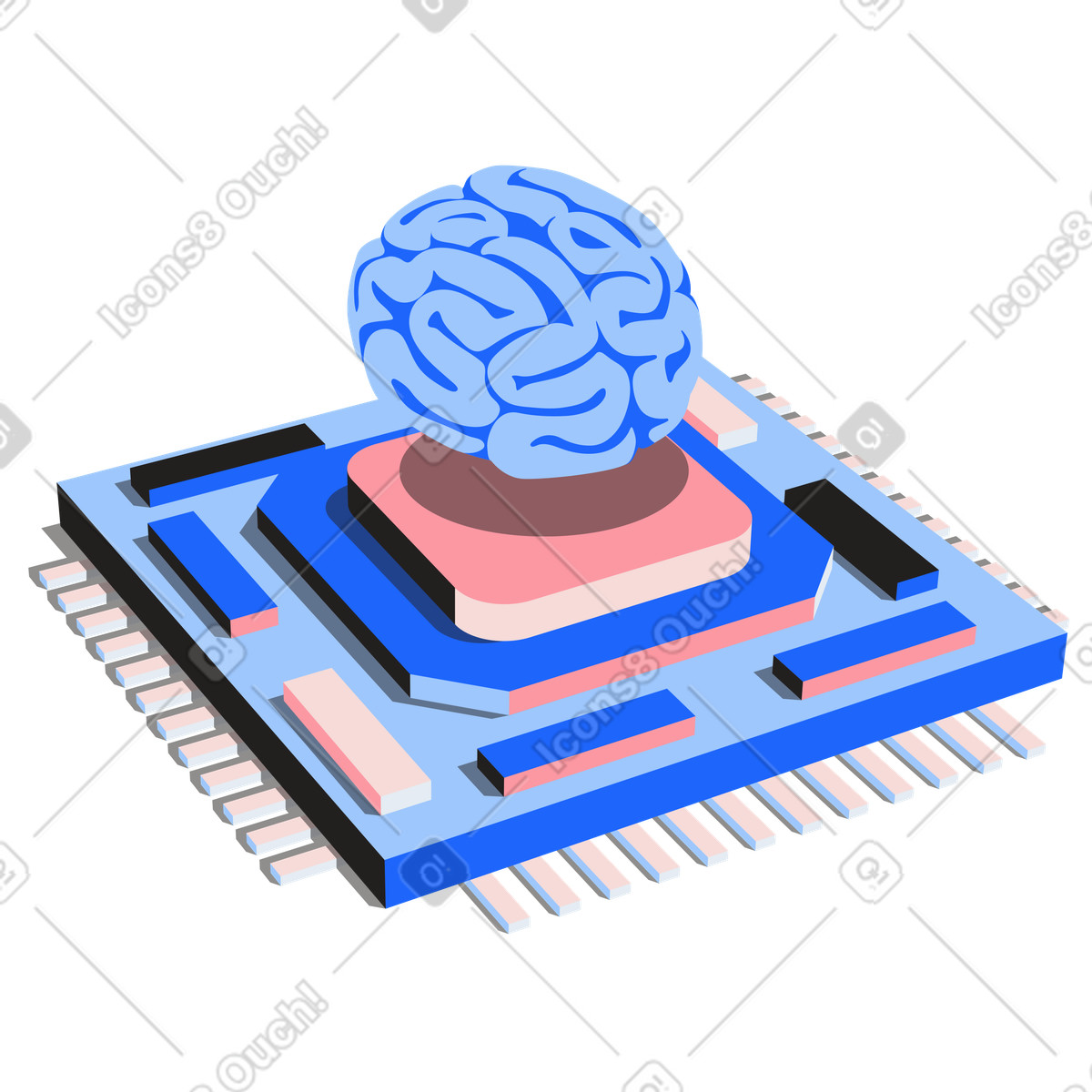 Illustration Isometric CPU with brain, Neural network hardware dans le style Editorial à télécharger aux formats PNG, SVG