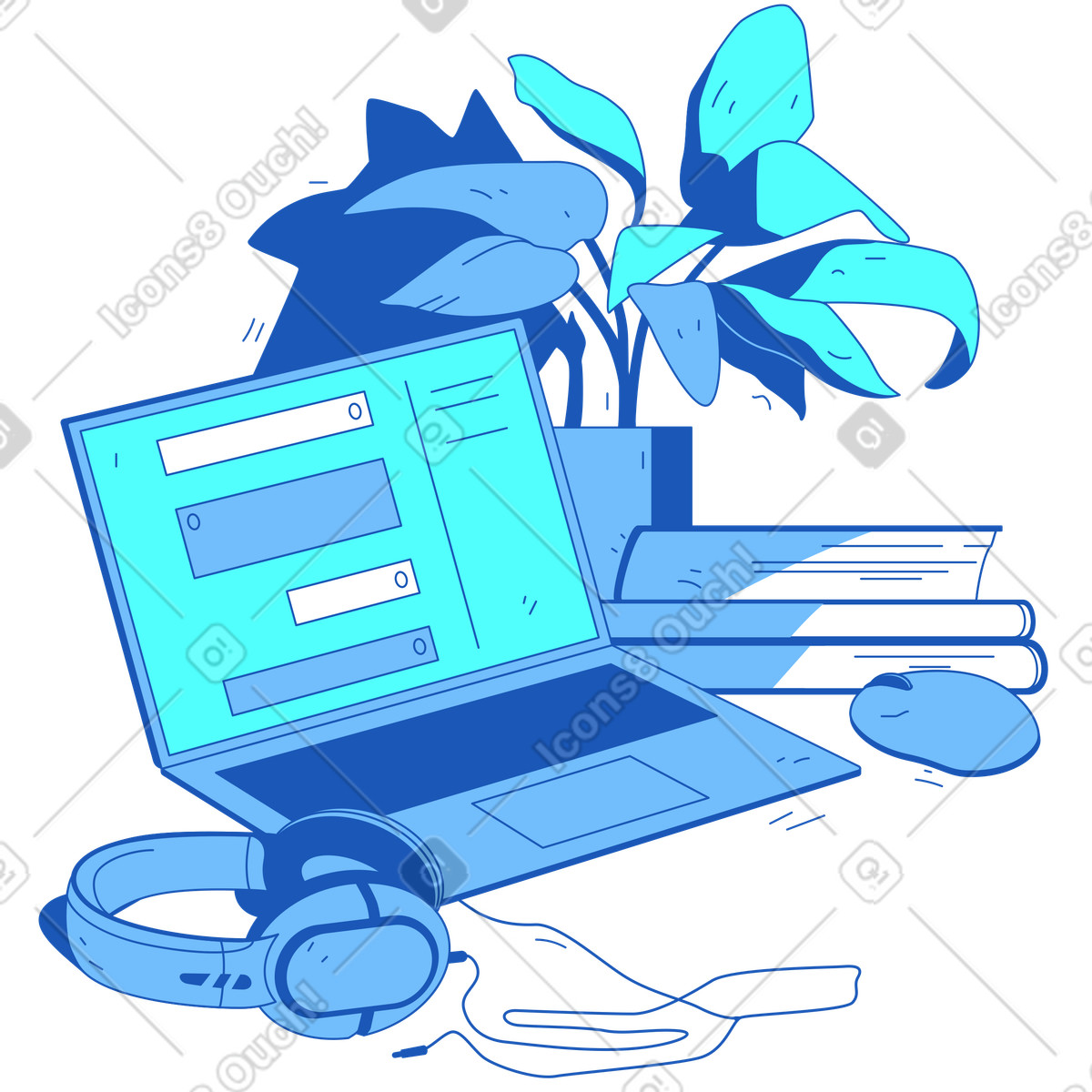 Workspace with laptop and headphones illustration in PNG, SVG