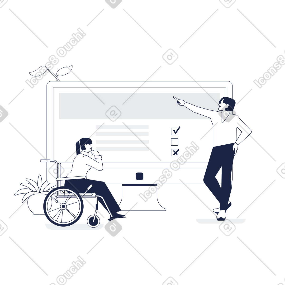Ilustración Colleagues reviewing digital content, Website development and collaboration en estilo Urban Line a descargar en PNG y SVG