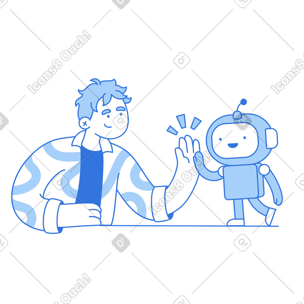 Human high-fives friendly robot, Collaboration and teamwork with artificial intelligence illustration in Sky style download in PNG, SVG