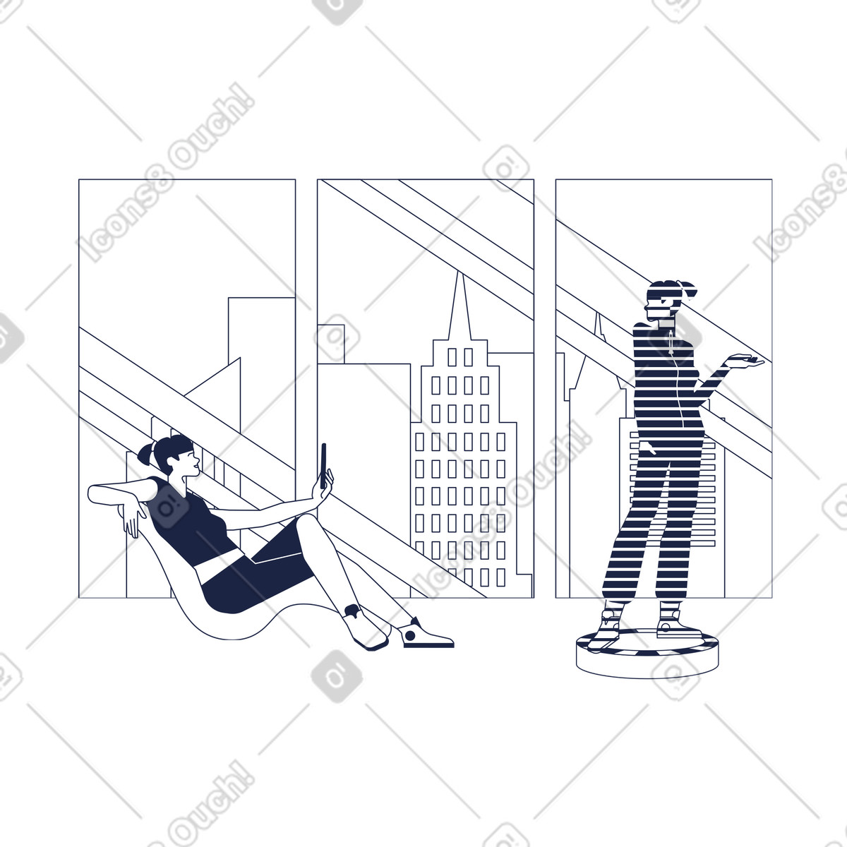 Trying on clothes projection at home, E-commerce and online shopping illustrazione animata in stile Urban Line scaricabile in GIF, Lottie (JSON), AE
