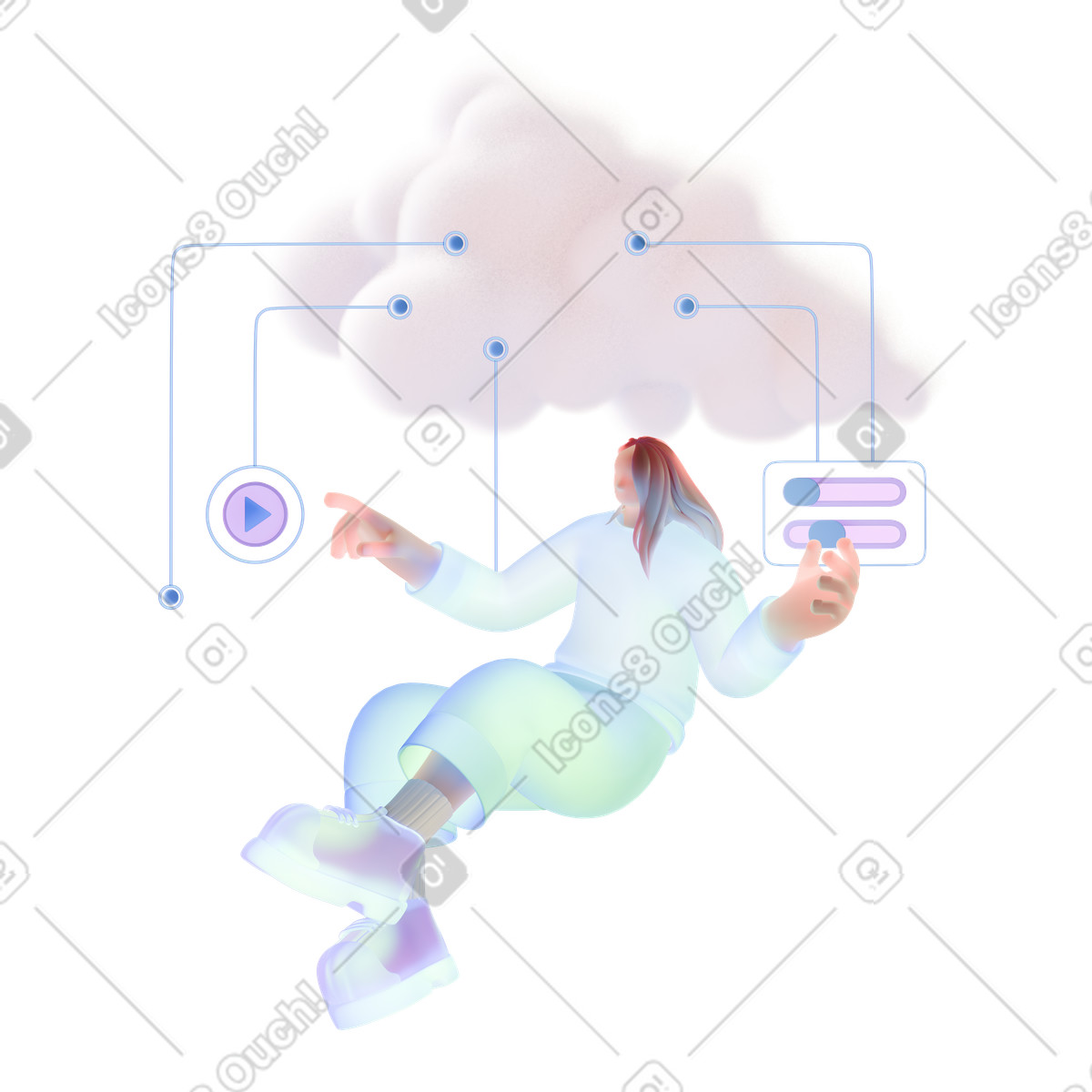 Utente che interagisce con la dashboard dell'app cloud, saas e produttività basata su cloud illustrazione in stile 3D Airy scarica in PNG, SVG