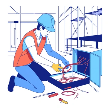 An electrician wearing a blue hard hat and an orange safety vest is kneeling beside an open junction box at a construction site. The junction box is filled with tangled wires, some of which are exposed and in need of repair. The electrician is focused on connecting two red wires together with a pair of wire connectors in his gloved hands. Surrounding the area are several tools, including a wire stripper and a screwdriver, along with wooden beams and scaffolding in the background indicating ongoing construction. The scene is illuminated by bright overhead work lights.