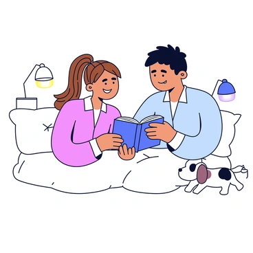 A couple is sitting in a cozy bed with white sheets and fluffy pillows. They are facing each other, both holding an open storybook. The woman has long brown hair tied in a loose braid, and she wears a soft pink pajama top. The man has short dark hair and is wearing a light blue pajama shirt. They both have warm smiles as they read aloud to each other. A small bedside lamp emits a gentle glow, illuminating the pages of the book. A fluffy dog is curled up at the foot of the bed, adding to the comfortable atmosphere.