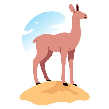 A majestic chameau standing atop a tall sand dune, its long legs firmly planted in the golden sand. The chameau has a smooth, light brown coat that glistens under the sun. The sand dune has gentle slopes, creating a contrast with the chameau's figure. In the background, the sky is clear and bright blue, with a few wispy clouds scattered. The sun casts soft shadows on the sand, emphasizing the curves of the dune and the chameau's shape.