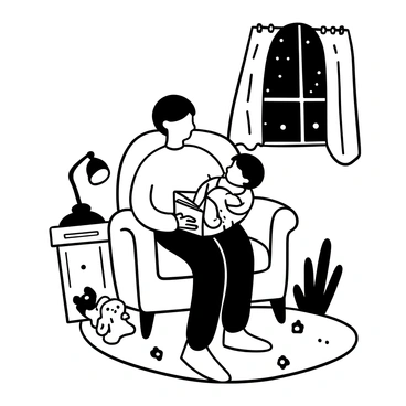 A parent sitting in a cozy armchair, holding an open book while reading to a child nestled beside them. The child is wrapped in a soft blanket, gazing at the pages. A small bedside lamp emits a warm glow, casting gentle shadows that dance on the wall behind them. There are a few stuffed animals scattered around the floor, and a colorful rug underfoot adds warmth to the scene. A window reveals a nighttime sky outside, with a glimpse of stars twinkling. The atmosphere is tranquil and inviting.