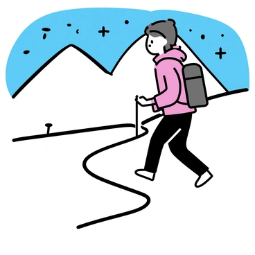 A hiker, wearing a red parka and black pants, is trekking through a snowy trail. The snow-covered path winds through the scene, leading toward towering mountains in the background. The mountains, capped with white snow, rise sharply against a clear blue sky. The hiker carries a large backpack and is wearing a warm hat and gloves. Snowflakes gently fall around, adding to the wintry atmosphere of the landscape.