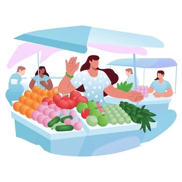 A woman is selecting fresh produce at a vibrant market filled with various fruits and vegetables. She is wearing a casual summer dress with floral patterns. Stalls filled with colorful stacks of oranges, tomatoes, green leafy vegetables, and bell peppers surround her. A basket is in her hand, partially filled with bright red apples and green cucumbers. Colorful awnings provide shade over the market area, and there are other shoppers and vendors engaged in conversation nearby.