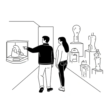 A couple walking together through an ancient history exhibit in a museum. The man has short hair and is wearing a dark jacket over a light shirt. He is pointing at an artifact displayed in a glass case. The woman has long hair and is dressed in a fitted sweater and jeans, looking attentively at the same artifact. Various sculptures and historical items are positioned around them, with explanatory plaques in front of each piece. Dim lighting highlights the features of the ancient artifacts, creating a focused atmosphere for exploration.