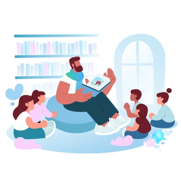 A storyteller with a colorful scarf is sitting on a large, plush cushion in a cozy library. Surrounding the storyteller are several children seated on the floor, attentively listening. The storyteller holds an open illustrated book, displaying vibrant images that captivate the young audience. Shelves filled with books can be seen in the background, and soft, warm lighting creates a welcoming atmosphere. A few playful decorations, such as plush toys and art supplies, are scattered around the reading area.