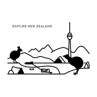 A large poster featuring various famous landmarks in New Zealand. The foreground includes "the stunning silhouette of the Sky Tower" against "a backdrop of rolling hills and mountains." To the left, "the iconic outline of the Kiwi bird" is prominently displayed. In the background, "the beautiful contours of the Southern Alps" rise majestically, while "the lush greenery of the Hobbiton village" sits peacefully in the lower corner. "The clear outline of the Milford Sound mountains" is visible in the distance, completing the scenic representation of New Zealand. The title "Explore New Zealand" is elegantly positioned at the top of the poster in bold letters.