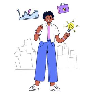 A person standing confidently with a focused expression. They are juggling three colorful project icons: a graph showing upward growth, a briefcase symbolizing business, and a lightbulb representing ideas. The person's attire is casual yet professional, with a modern look. In the background, there are faint outlines of city skyscrapers, hinting at a bustling urban environment. The overall scene conveys a sense of energy and determination.