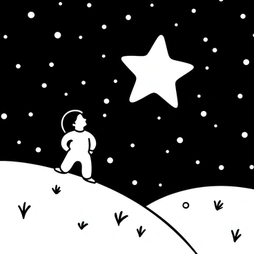 A young child standing on a grassy hill, looking up at a large, shimmering "wishing star" in a night sky filled with many "twinkling stars." The child is wearing a simple, loose-fitting outfit, and their posture is one of wonder. The hill is dotted with small wildflowers, and the sky is expansive, emphasizing the multitude of stars scattered throughout.