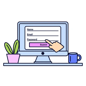 A computer screen displaying a registration form with fields for "Name," "Email," and "Password." A cursor is positioned over the "Submit" button, indicating user interaction. The background features a simple desk with a potted plant and a coffee mug beside the computer. The environment is well-lit, highlighting the clear layout of the form.