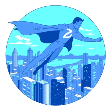 A blue superhero with a large white zero emblem on their costume is soaring high above a sprawling cityscape. The hero's cape billows dramatically behind them as they glide through the air. Below, the city is filled with tall buildings, some with gleaming glass windows reflecting the sunlight. In the distance, there are hints of green parks nestled between the urban environment. The sky is a bright, clear blue, providing a vivid backdrop for the superhero's flight.