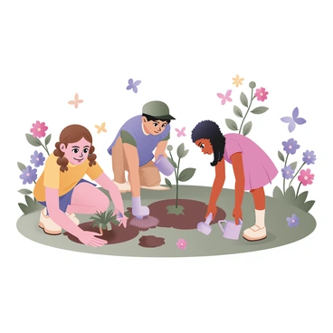 A digital flat illustration featuring a group of three children planting young trees in a park. The first child, a girl with light brown hair tied in pigtails, is crouched down, holding a small sapling in her hands. She is wearing a bright yellow shirt and denim shorts. The second child, a boy with curly dark hair, is digging a hole with a small trowel, dressed in a green cap, a blue t-shirt, and khaki pants. The third child, a girl with wavy black hair, is watering another sapling with a small watering can, dressed in a pink dress and white sandals. The background is filled with blooming flowers in various colors such as red, purple, and blue. Several butterflies with colorful wings are fluttering around the scene, adding to the vibrant atmosphere of the park.