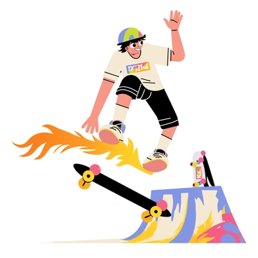 A skateboarder clad in a colorful helmet and protective gear is mid-air, performing an impressive trick. The skateboard has wheels that are engulfed in bright orange and yellow flames, creating a dynamic visual effect. The background features a vibrant urban skate park with graffiti-covered ramps and walls. The skateboarder is wearing a graphic t-shirt and baggy shorts, and his hair is flowing with the movement. The scene captures the energy and excitement of the moment, with flames trailing behind the skateboard as he twists and turns in the air.