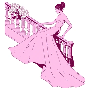 An elegant gown inspired by peonies, draped beautifully over a grand staircase.