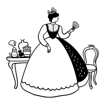 A woman wearing a full Victorian dress with a voluminous skirt, adorned with lace and intricate patterns. The dress features puffed sleeves and a high collar. She is holding a small, ornate hand fan in one hand. A decorative bonnet with ribbons complements her outfit. The background includes an elegant parlor setting with ornate furniture and vintage decor, enhancing the historical theme. Fine, delicate lines emphasize the details of the fabric and accessories.