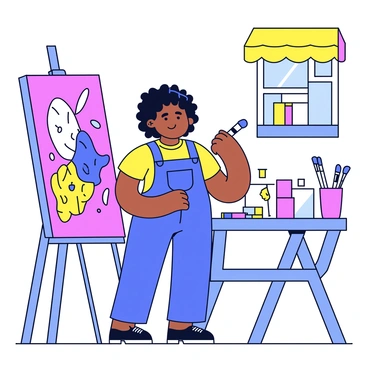 A fat woman with curly hair is standing in front of a large canvas in her bright art studio. She is holding a paintbrush with vibrant colors on it. The canvas features a colorful mural with abstract shapes and bold patterns. The studio is filled with art supplies, including jars of paint and brushes scattered around. Sunlight streams in through a window, illuminating the scene.
