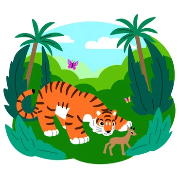 A striped tiger with bright orange and black markings is crouched low, its body tense and poised to pounce. The tiger's eyes are fixed on a small deer hidden among the lush green foliage. The jungle is filled with tall trees and thick underbrush, with vibrant leaves in various shades of green surrounding the scene. Sunlight filters through the canopy above, casting dappled light on the forest floor. A few colorful butterflies flutter nearby, creating a contrast to the intense focus of the tiger.