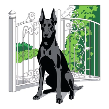 A black doberman with a shiny coat is sitting proudly in front of a white wrought iron gate. The gate features intricate scrollwork and is partially open, revealing a glimpse of a well-manicured garden behind it. The doberman's ears are erect, and its posture is alert, showing confidence. Sunlight casts soft shadows on the ground, enhancing the doberman's strong physique. The background consists of green foliage that adds a touch of nature to the scene.