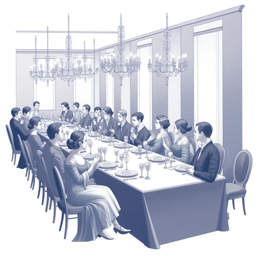 A grand banquet hall filled with elegantly dressed nobles. Long tables are adorned with fine tablecloths and set with an array of sumptuous dishes and ornate silverware. Nobles are seated in lavish gowns and suits, featuring intricate embroidery and lavish fabrics. Some nobles are engaged in conversation, while others are raising their goblets in a toast. Chandeliers hang from the ceiling, casting soft light throughout the hall. The atmosphere is filled with a sense of celebration and opulence.