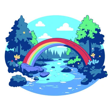 A vibrant rainbow bridge arching over a magical forest river