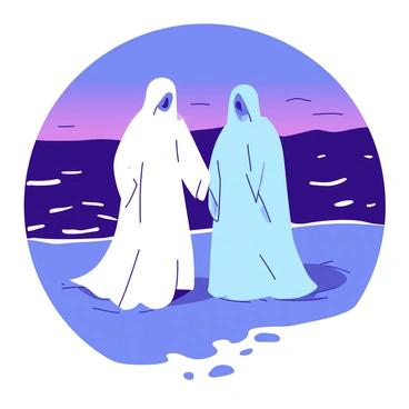 Two ghostly figures, one dressed in flowing white attire and the other in a pale blue robe, are holding hands on a sandy beach. The figures have an ethereal appearance, with soft, translucent edges that blend into the twilight background. The sky above them is a gradient of colors transitioning from dark blue to soft purple, with hints of pink near the horizon. Gentle waves are lapping at the shore, creating a calm atmosphere around the ghostly pair. Small footprints in the wet sand lead away from the figures towards the water, suggesting a fleeting presence.