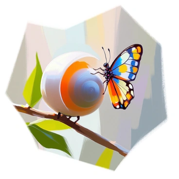 A close-up scene of a butterfly emerging from its chrysalis, showcasing detailed wings with radiant colors of blue, orange, and yellow. The chrysalis is partially open, allowing the butterfly to be seen as it unfolds its wings for the first time. Soft light filters through the leaves of a nearby plant, adding a gentle glow to the vibrant wings. Delicate strands of silk can be seen hanging from the chrysalis, emphasizing the moment of transformation. The background features hints of green foliage, enhancing the focus on this remarkable event.